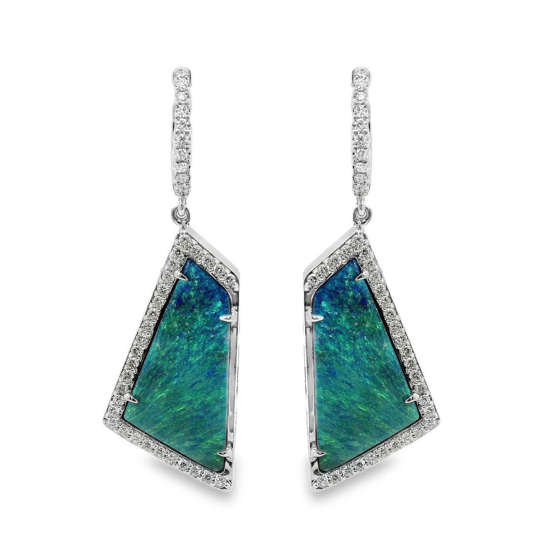 Simon G 18kt White Gold Natural Black Opals and Diamonds Dangle Earrings (9.90ct)