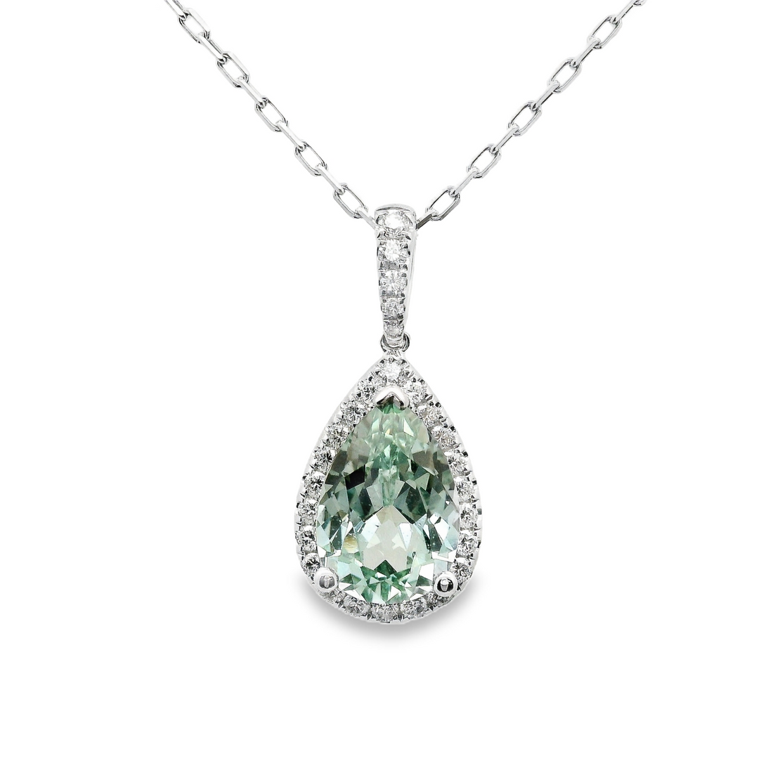 18kt White Gold Lab-Grown Pear Green Sapphire and Natural Diamonds Halo Pendant (2.89ct)