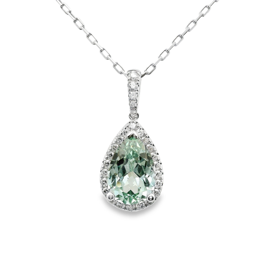 18kt White Gold Lab-Grown Pear Green Sapphire and Natural Diamonds Halo Pendant (2.89ct)
