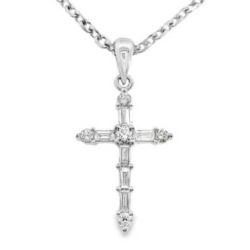 14kt White Gold Natural Baguette and Natural Round Diamonds Cross Pendant (0.21ct)