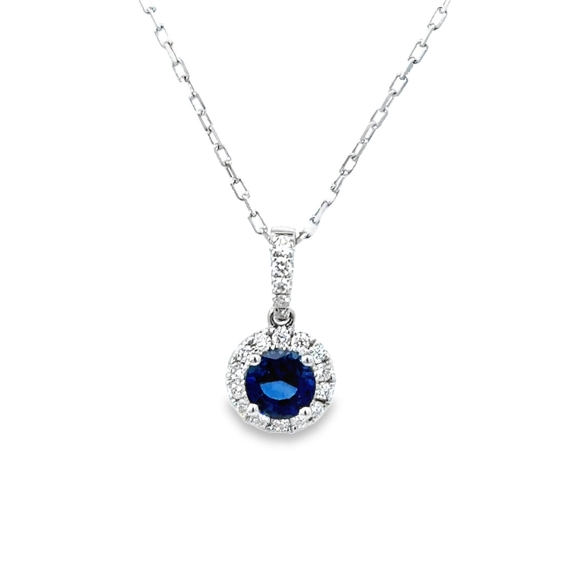 18kt White Gold Natural Round Sapphire and Diamond Pendant (1.17ct)