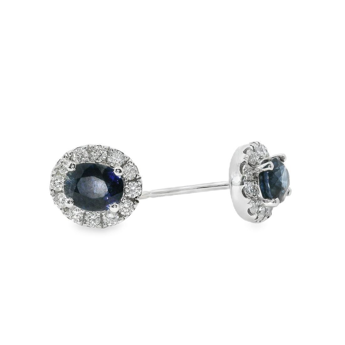 18kt White Gold Natural Oval Sapphires and Diamonds Halo Stud Earrings (1.34ct)