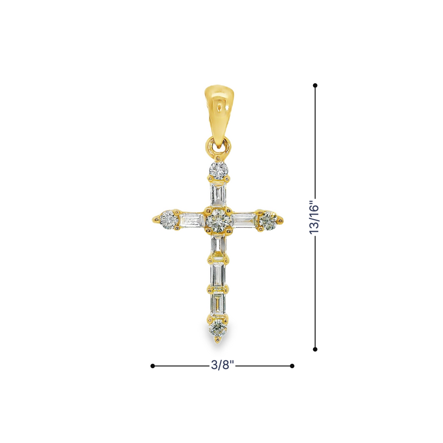 14kt Yellow Gold Cross Pendant with Natural Baguette and Natural Roud Diamonds (0.21ct)