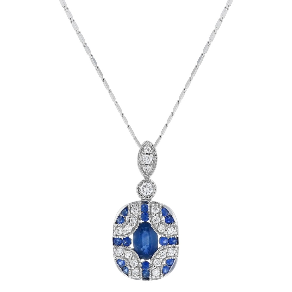 Oro Alexander 14kt White Gold Natural Round Sapphire and Diamond Art Deco Pendant (1.02ct)