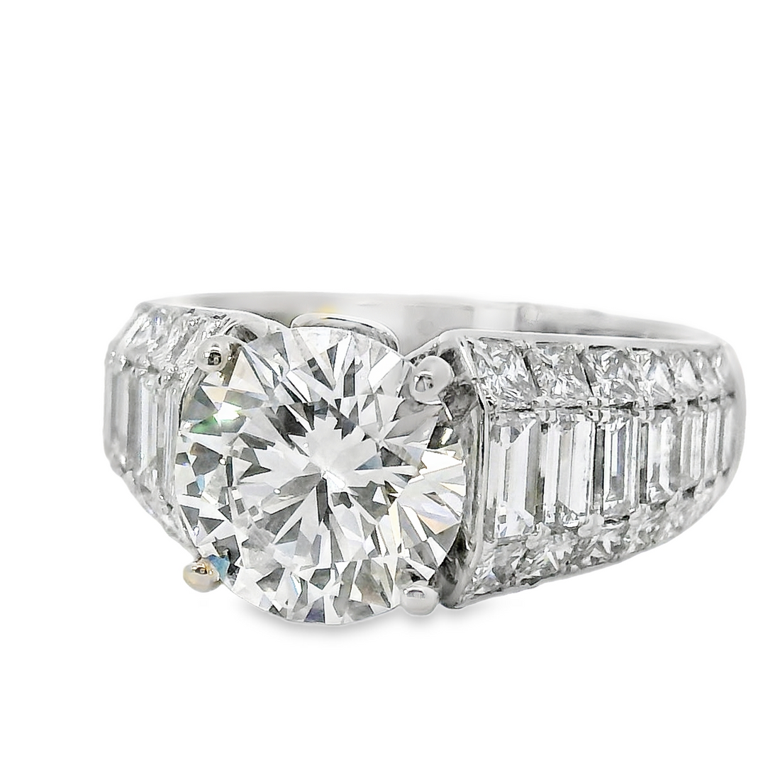 18kt White Gold Lab-Grown Round Brilliant Diamond (2.39ct) and Natural Channel Set Baguette and Princess Cut Diamonds (2.10ct) Engagement Ring