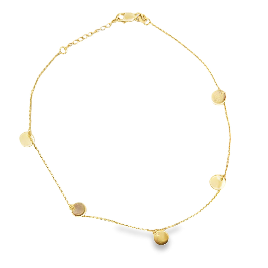 14kt Yellow Gold 6mm 10" 5-Piece Dangle Adjustable Anklet