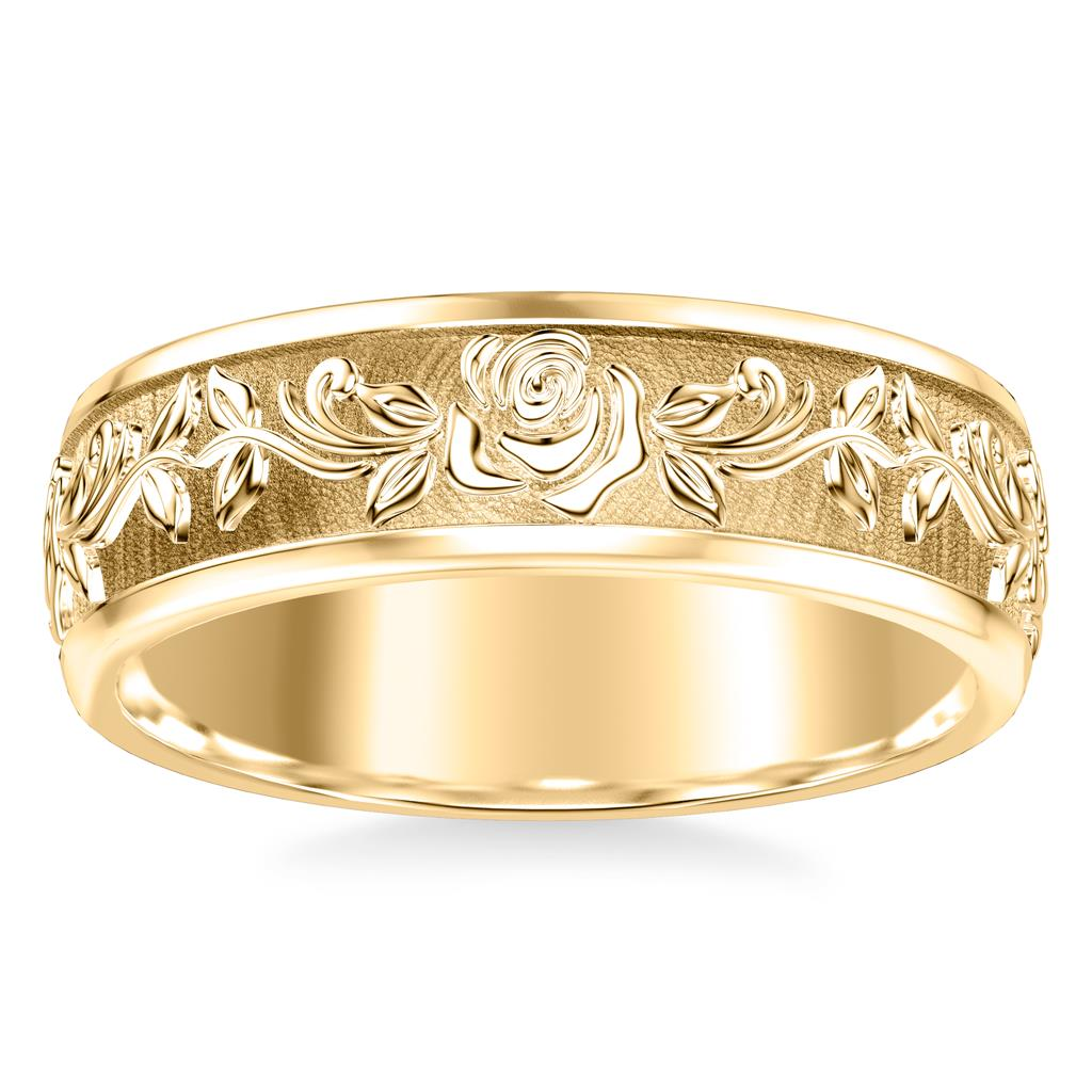 Artcarved 14kt Yellow Gold 7mm Matte Finish Floral Patterned Wedding Band