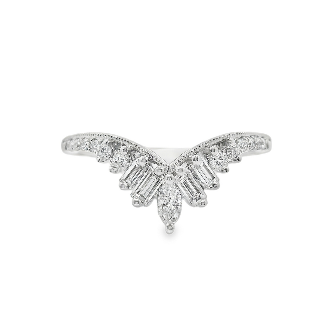 Platinum Natural Marquise, Baguette and Round Diamond Wedding Ring (.38ct)
