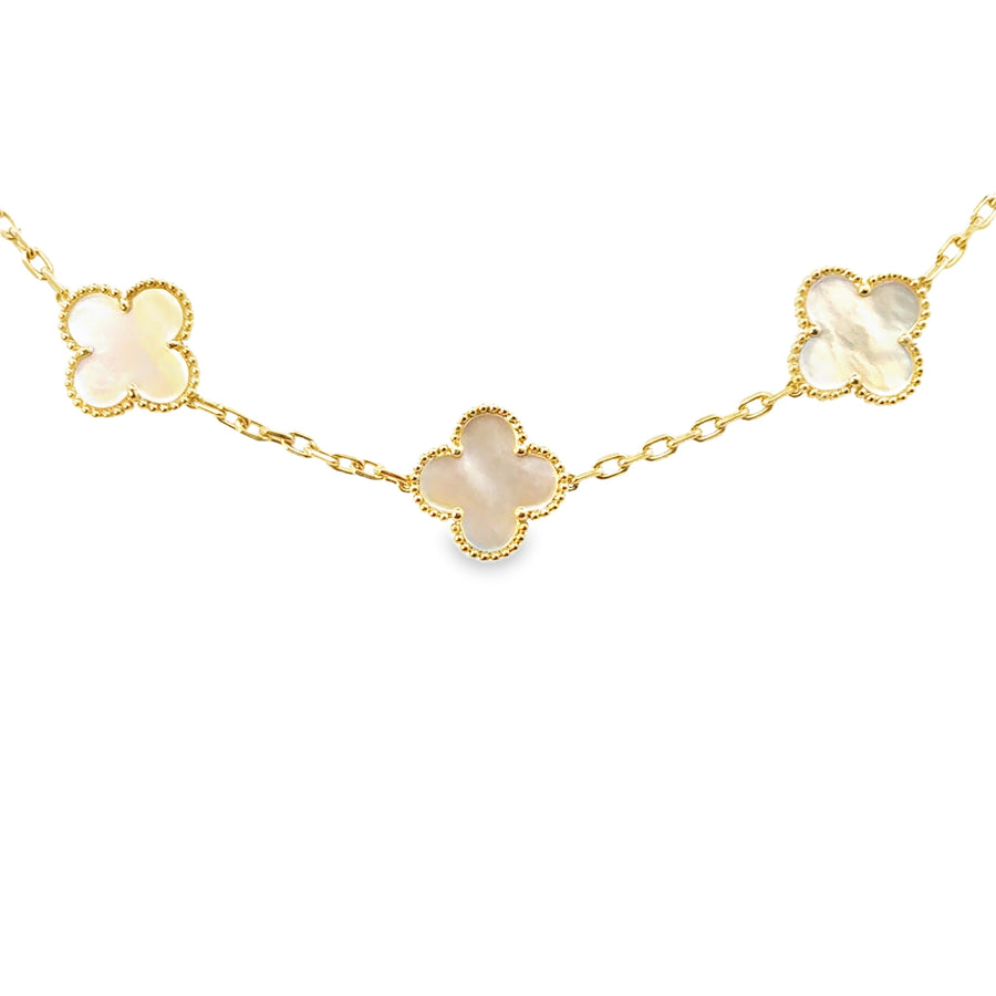 18K Yellow Gold Designer Style 7" Mother of Pearl Clover Bracelet (10.8g)