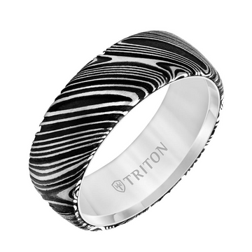 Triton White Tungsten with Damascus Steel Overlay 8mm Ring