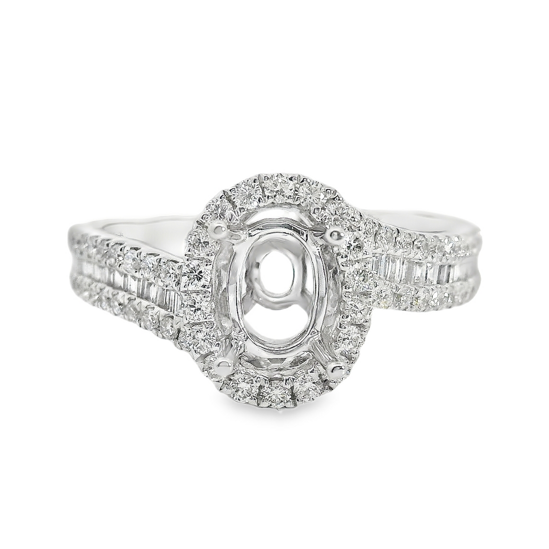 18kt White Gold Full-Cut and Baguette Diamond Oval Semi-Mount Ring (.53ct)