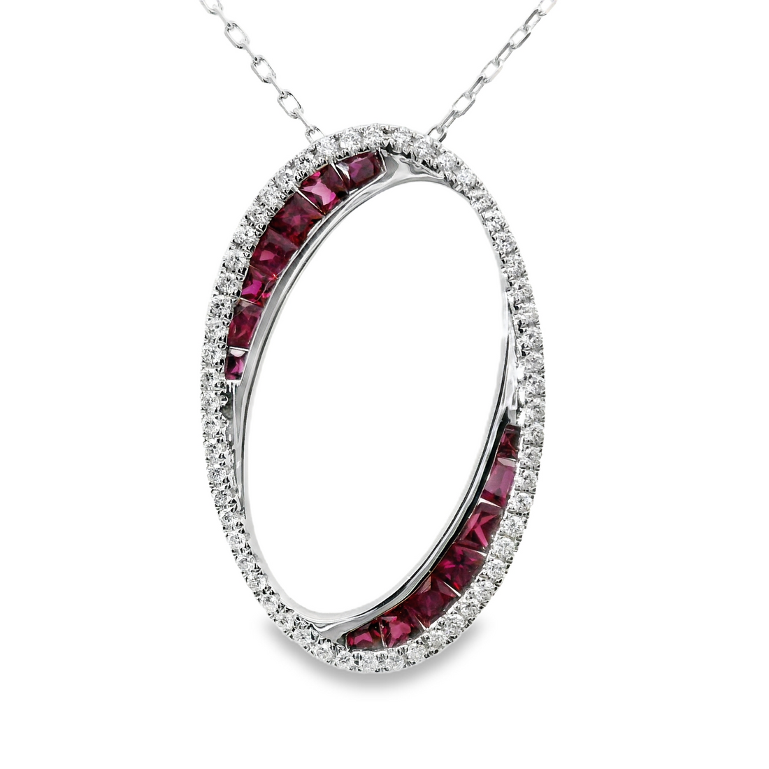 18kt White Gold Natural Princess Cut Rubies and Natural Diamonds Oval Pendant (1.28ct)