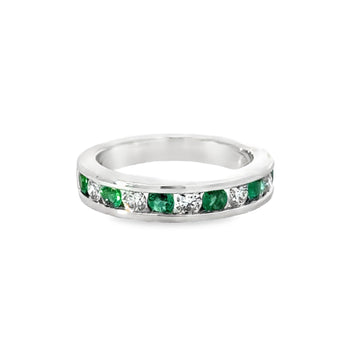 18kt White Gold Round Natural Diamonds and Round Natural Emeralds Ring (0.96ct)