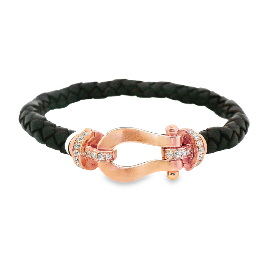 Men's 18kt Rose Gold and Leather Bracelet with Natural Full Cut Diamonds (.39ct)