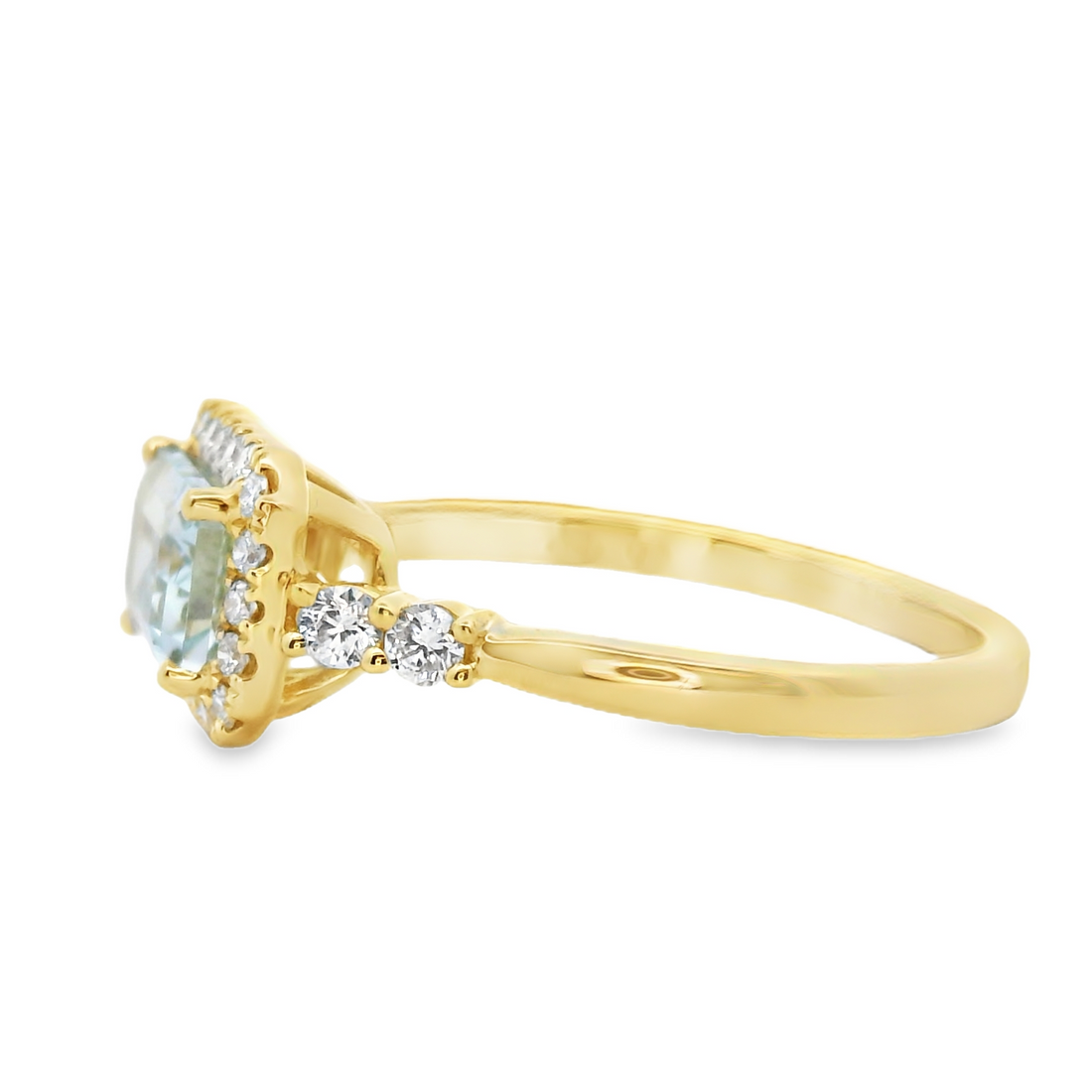 18kt Yellow Gold Natural Emerald Aquamarine and Natural Round Diamond halo Ring (1.16ct)