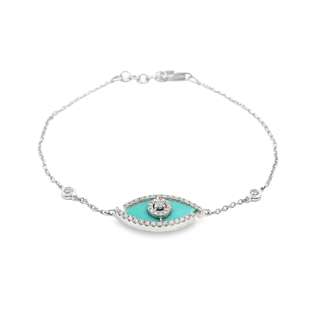 18kt White Gold Marquise Turquoise and Natural Diamond 7" Evil Eye Bracelet (1.33ct)