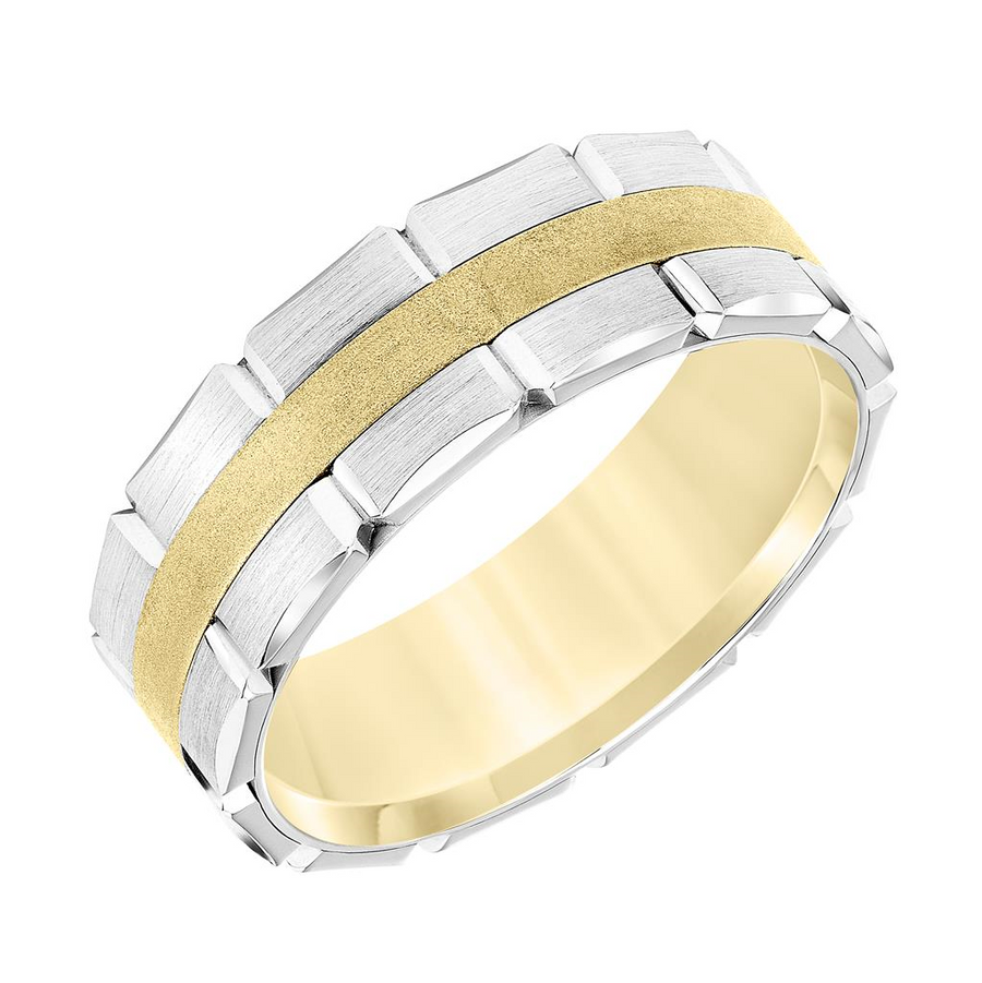 Goldman 14kt Two-Tone 7.5mm Brushed Finish Brick Detail Edge Comfort Fit Wedding Band