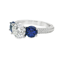 18kt White Gold Natural Round Brilliant Diamond and Lab-Grown Chatham Sapphire Engagement Ring (3.70ctw)