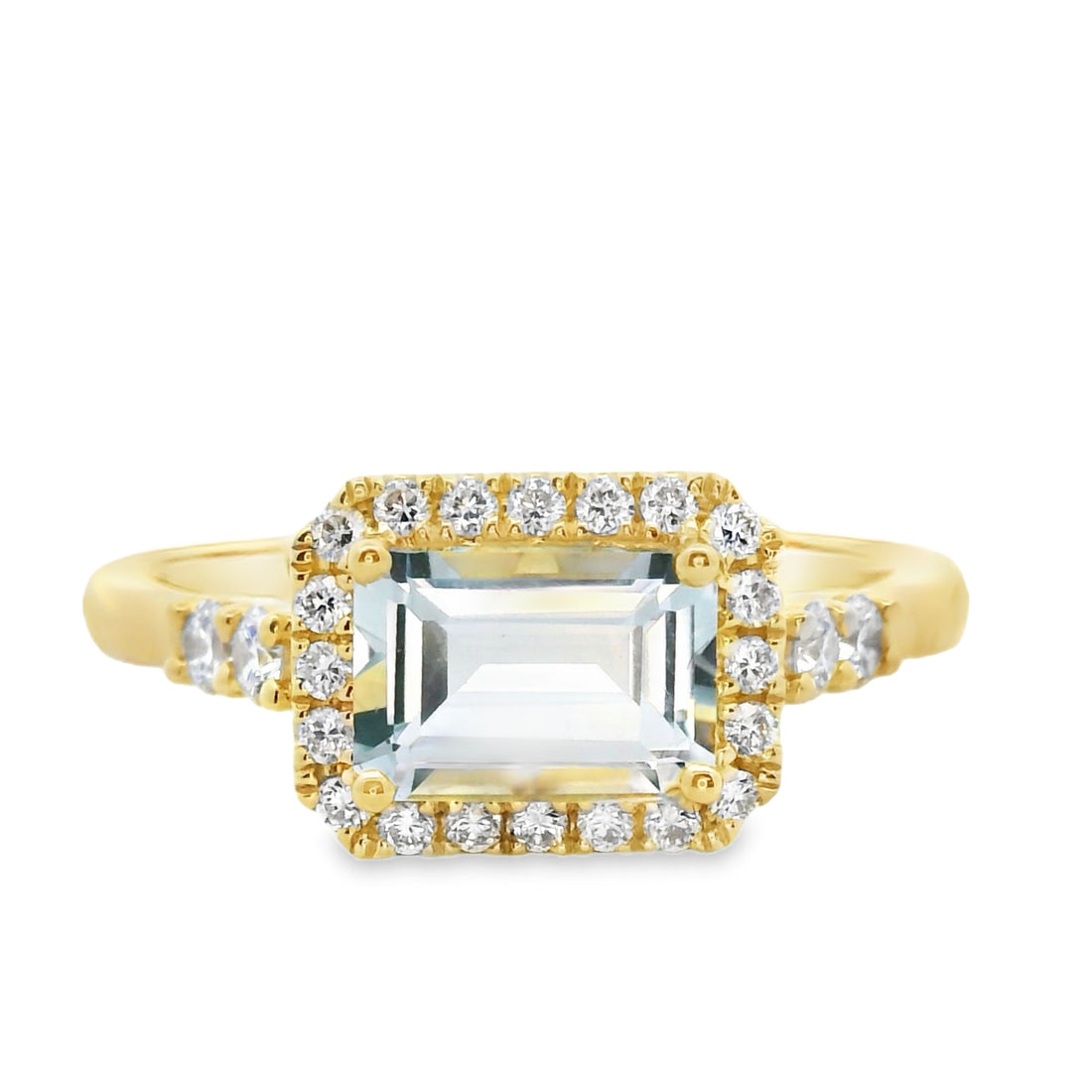18kt Yellow Gold Natural Emerald Aquamarine and Natural Round Diamond halo Ring (1.16ct)