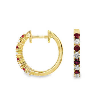 18kt Yellow Gold Natural Round Diamond and Natural Round Ruby Small Hoop Earrings (.44ct)