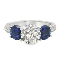 18kt White Gold Natural Round Brilliant Diamond and Lab-Grown Chatham Sapphire Engagement Ring (3.70ctw)
