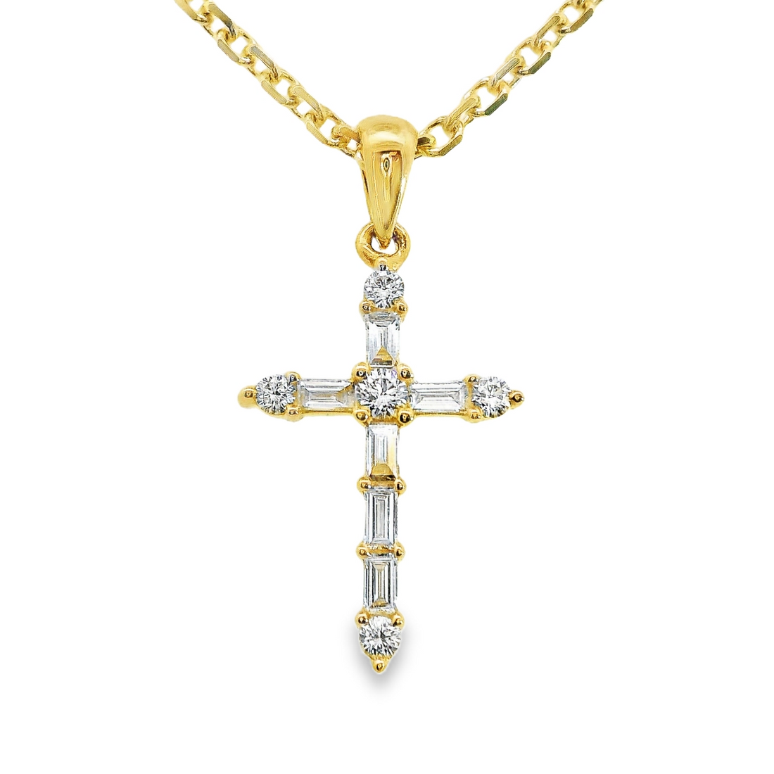 14kt Yellow Gold Cross Pendant with Natural Baguette and Natural Roud Diamonds (0.21ct)