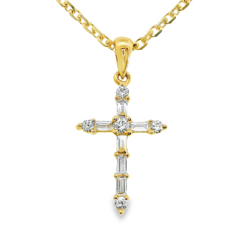 14kt Yellow Gold Cross Pendant with Natural Baguette and Natural Roud Diamonds (0.21ct)