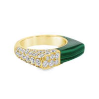 18kt Yellow Gold Round Natural Diamond (1.25ct) and Natural Malachite (6.82ct) Signet Ring