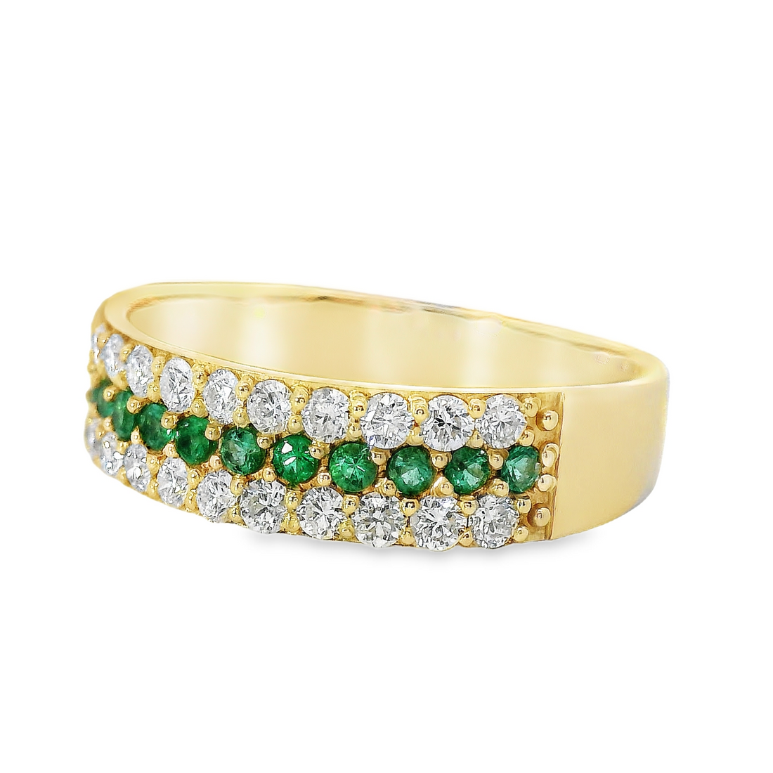 18kt Yellow Gold Natural Round Diamonds and Emeralds Contemporary Ring (.66ct)