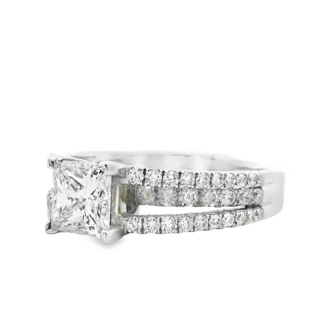18kt White Gold Natural Princess Cut Diamond Split Shank Engagement Ring (1.69ct)