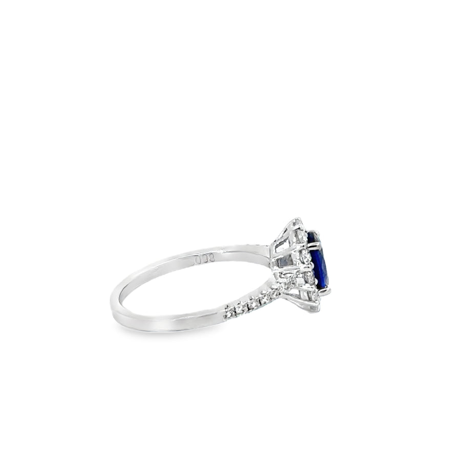 18kt White Gold Oval Natural Sapphire and Round Natural Diamond Halo Ring (1.47ct)