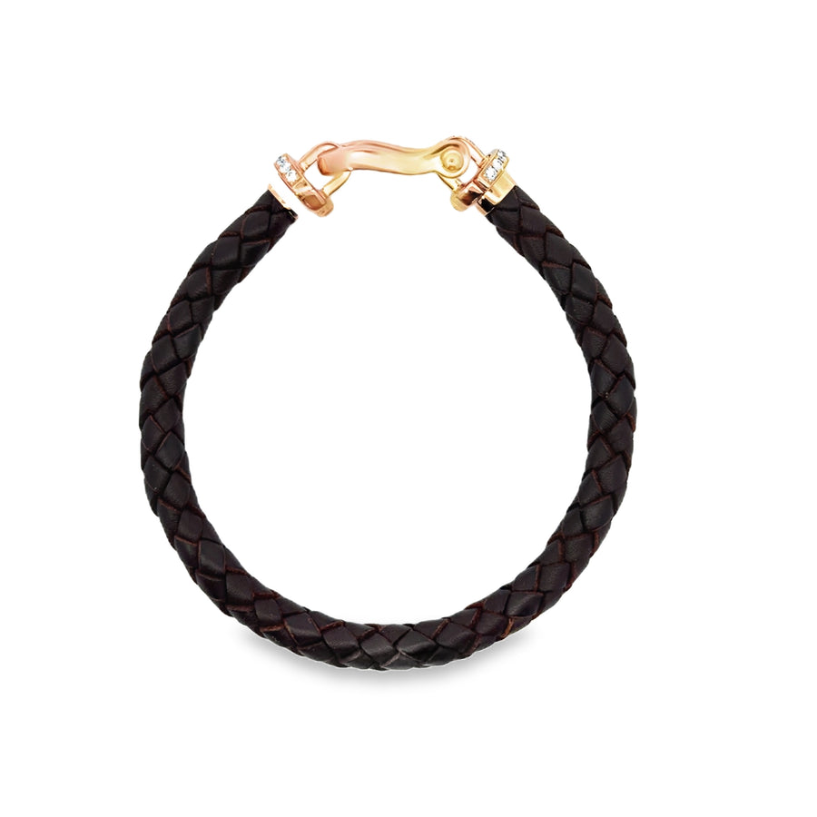 Men's 18kt Rose Gold and Leather Bracelet with Natural Full Cut Diamonds (.39ct)