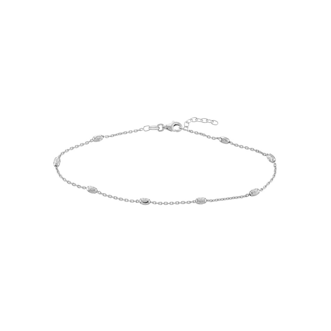 Sterling Silver 10" Cable and Oval Moon Diamond Cut Station Anklet