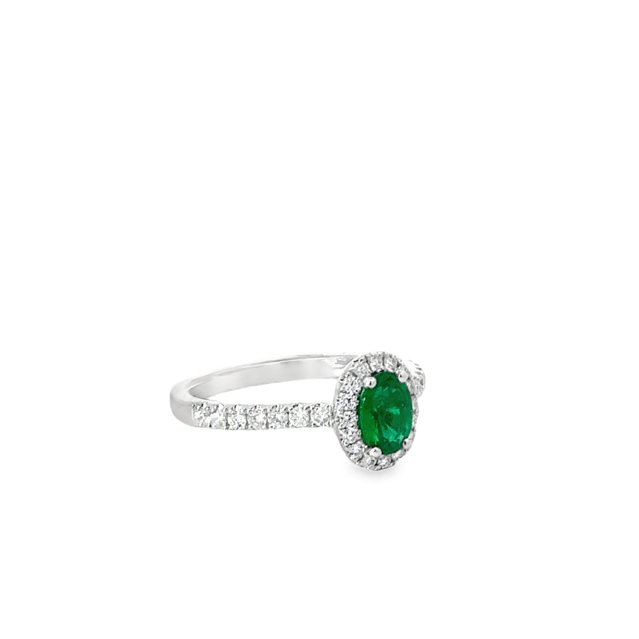 18kt White Gold Oval Natural Emerald and Round Natural Diamond Halo Ring (.86ct)