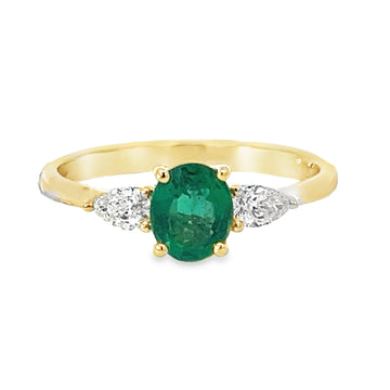 18kt Yellow Gold Oval Natural Emerald and Pear Natural Diamonds Ring (0.83ct)