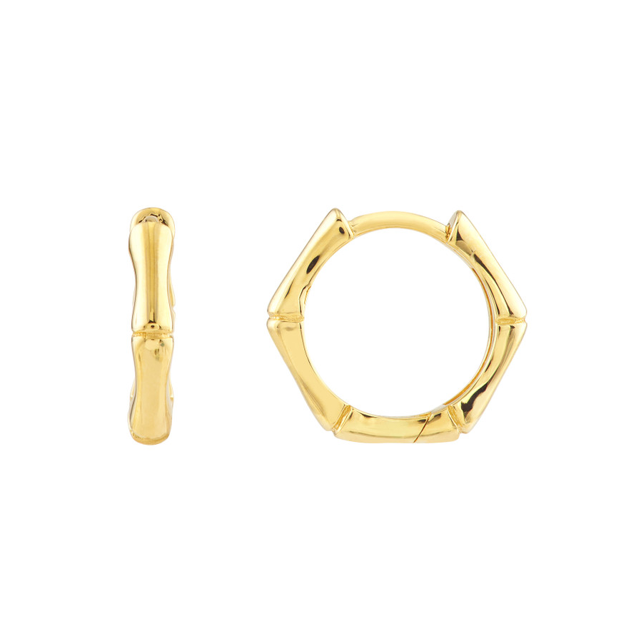 14kt Yellow Gold 12.5mm Bamboo Pentagon Hoop Earrings