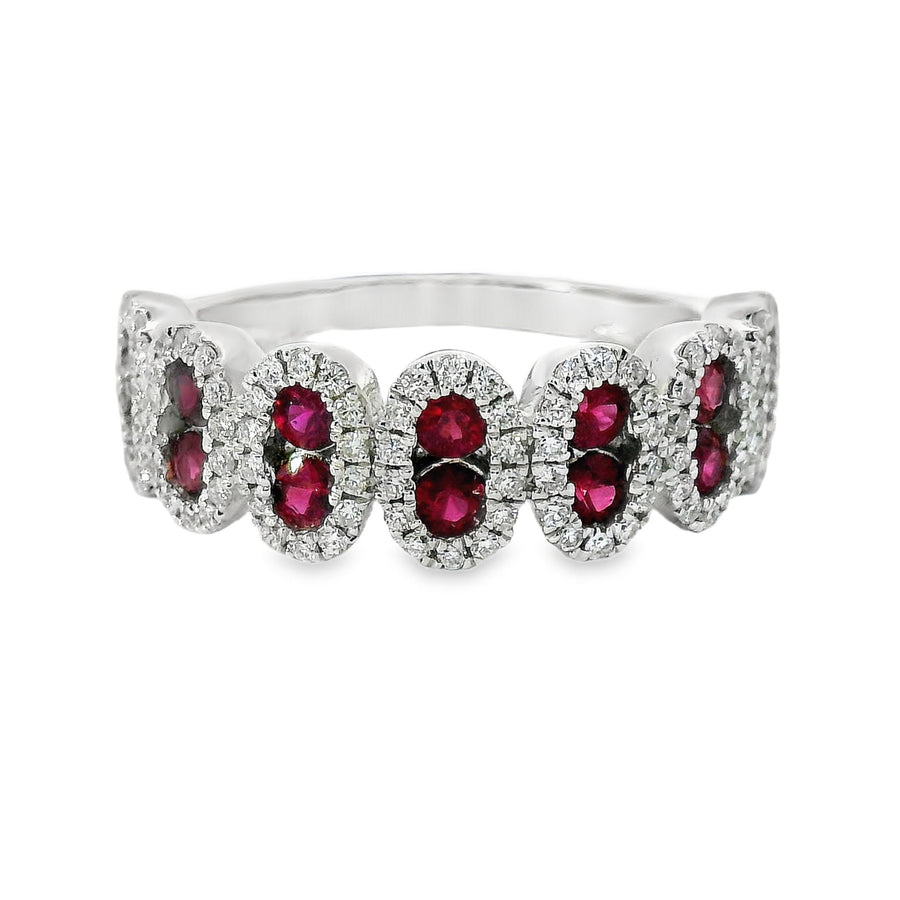 18kt White Gold Round Natural Rubies and Round Natural Diamonds Ring (1.16ct)