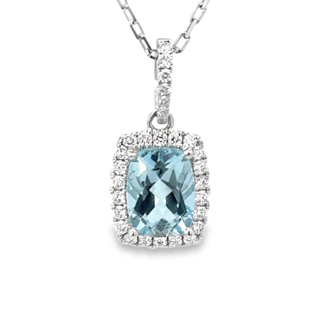 18kt White Gold Natural Cushion Aqua and Round Diamond Pendant (1.67ct)