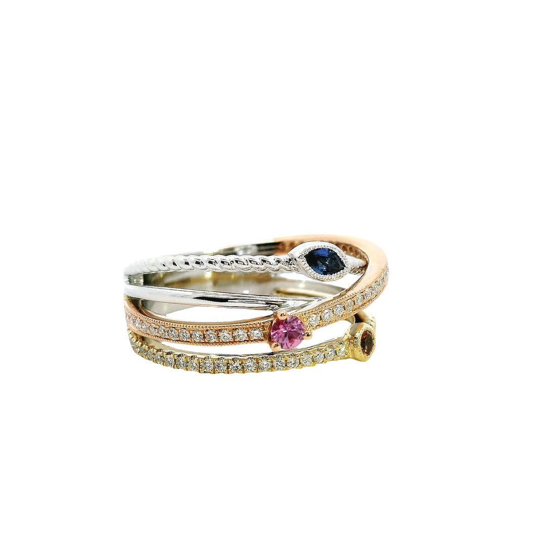18kt Tri-Color Natural Blue Sapphire, Orange Sapphire, Pink Sapphire, and Diamond Fashion Ring (.52ct)