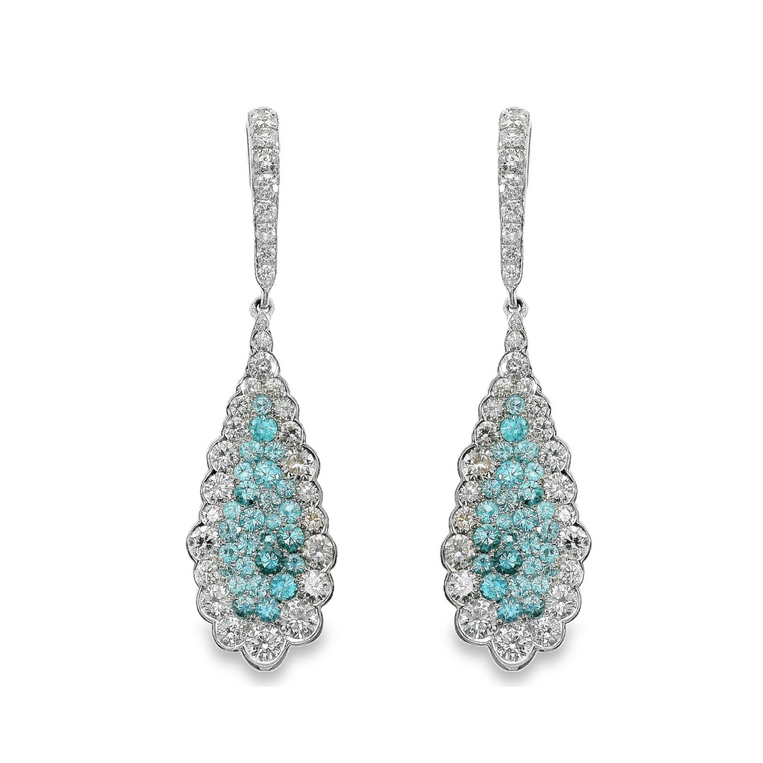 Simon G 18kt White Gold Natural Round Paraiba Tourmaline and Natural Round Diamonds Dangle Earrings (1.68ct)