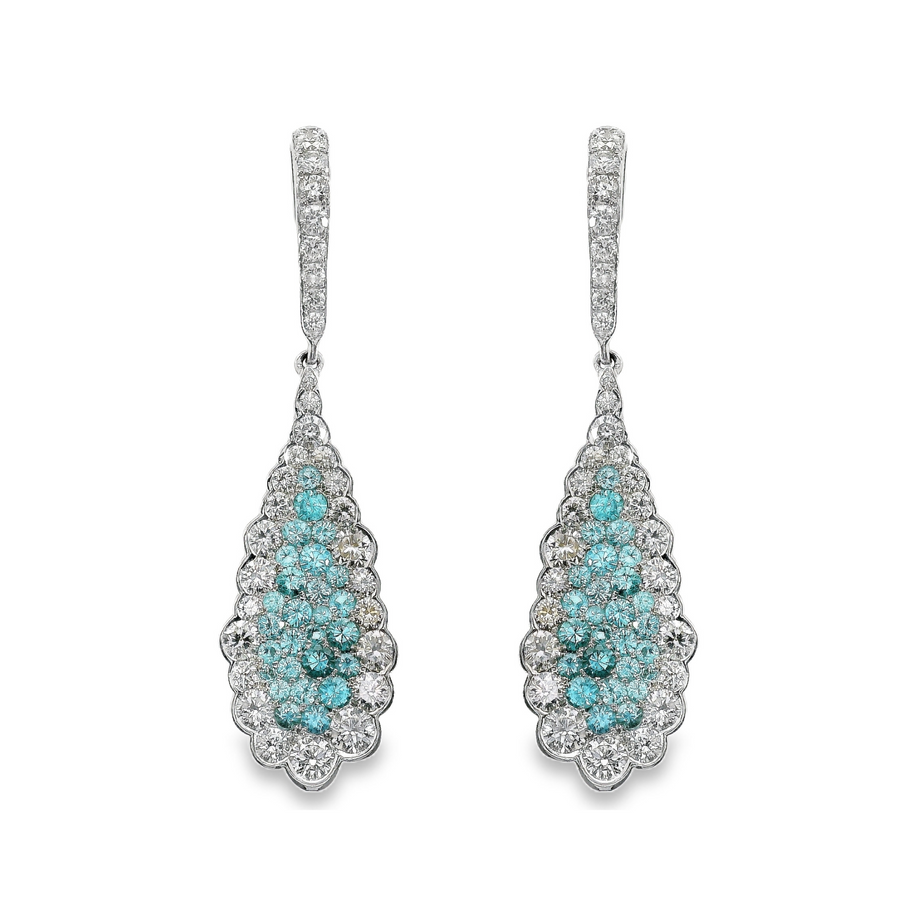 Simon G 18kt White Gold Natural Round Paraiba Tourmaline and Natural Round Diamonds Dangle Earrings (1.68ct)