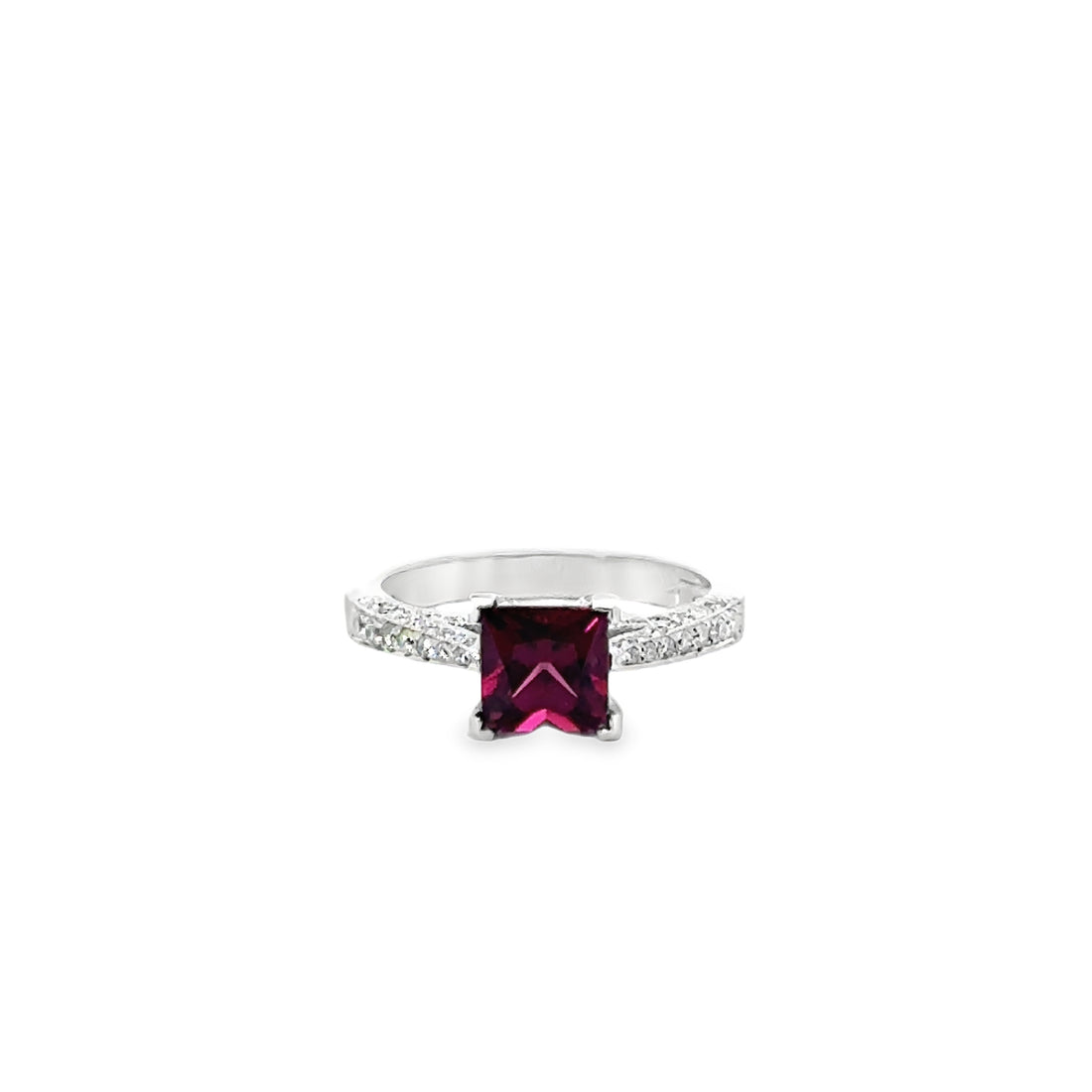 18kt White Gold Princess Natural Garnet and Round Natural Diamonds Ring (1.63ct)