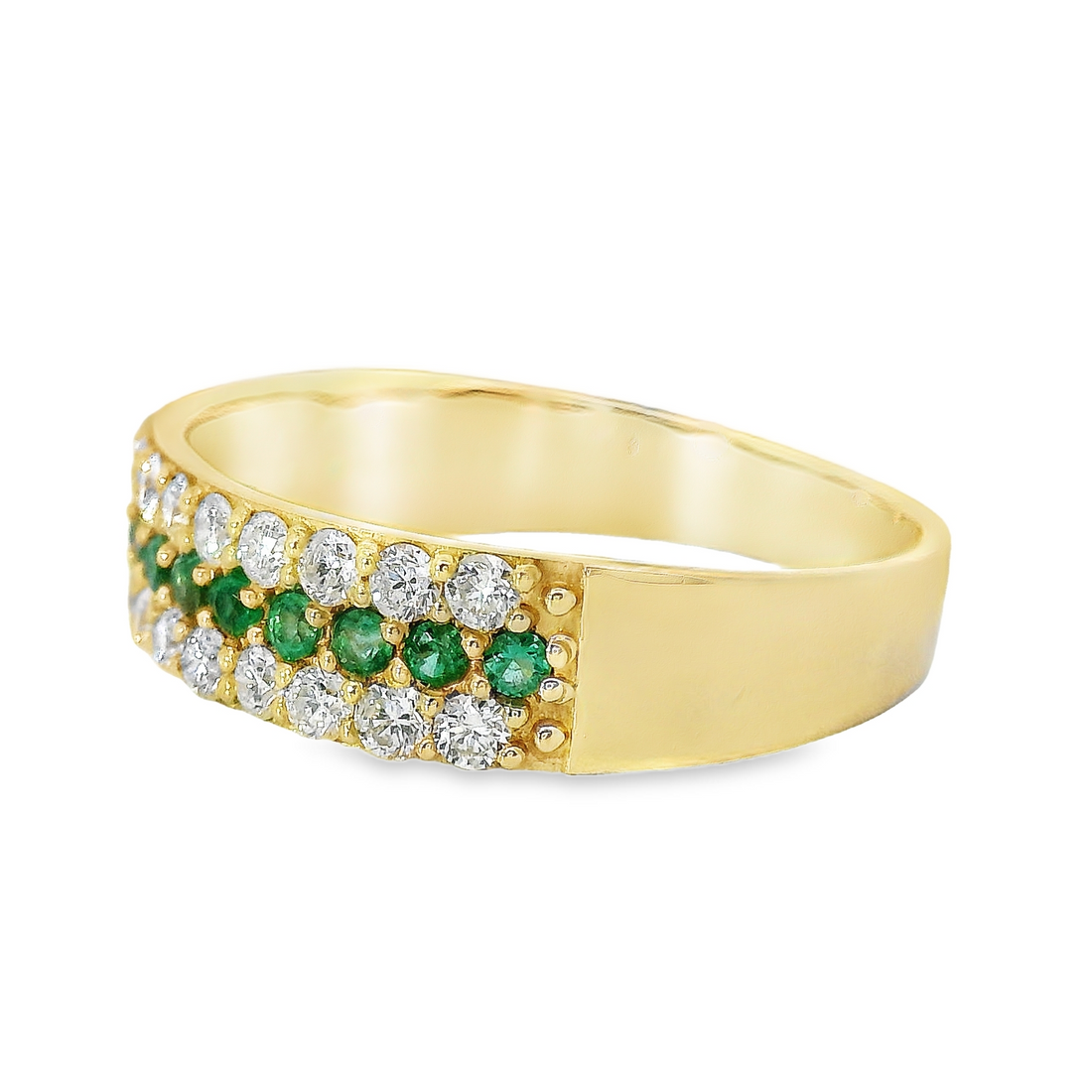 18kt Yellow Gold Natural Round Diamonds and Emeralds Contemporary Ring (.66ct)