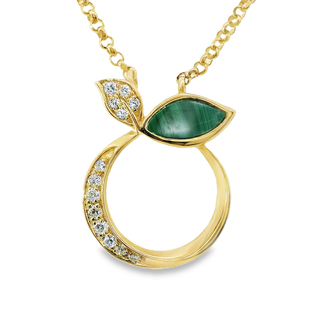 18kt Yellow Gold Natural Diamonds and Natural Malachite Apple Pendant (0.26ct)