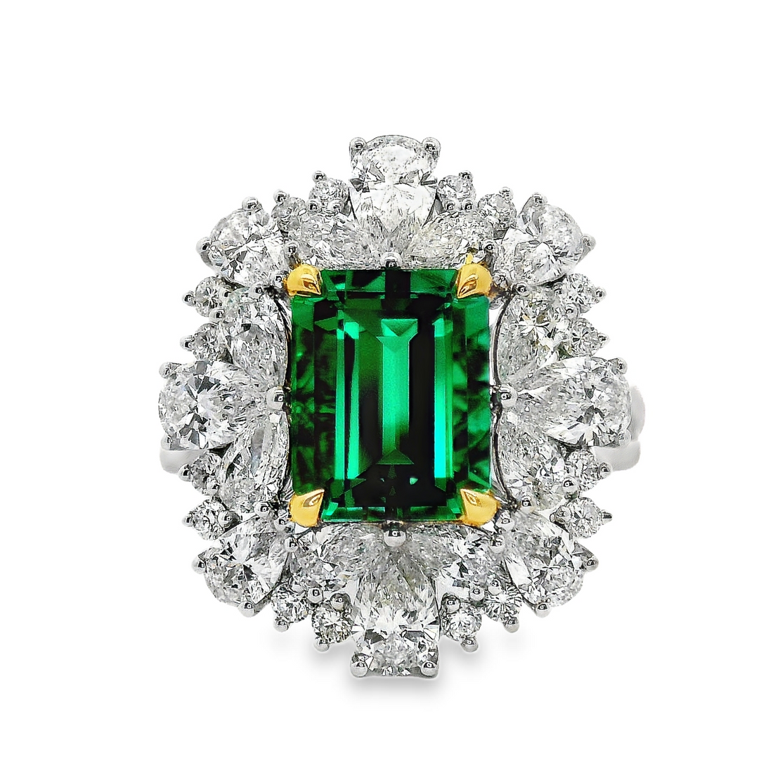 18kt Two-Tone Gold Lab-Grown Emerald and Lab-Grown Round and Pear Diamond Ring (4.16ct)