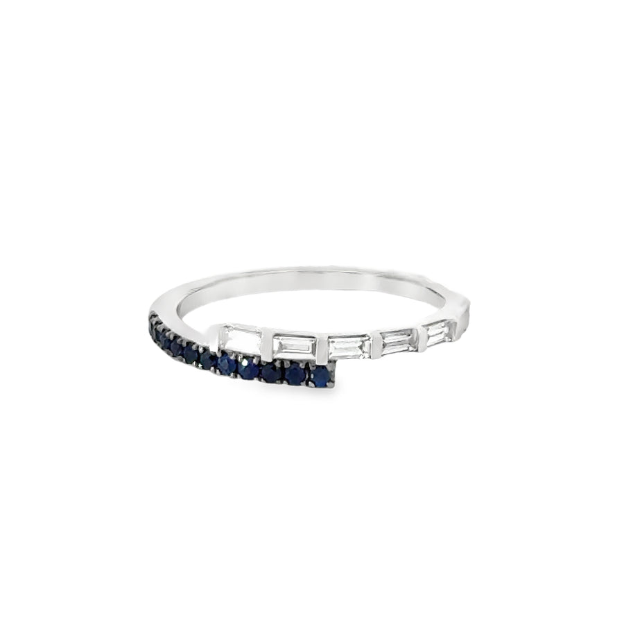 18kt White Gold Baguette Natural Diamonds and Round Natural Sapphires Ring (0.35ct)