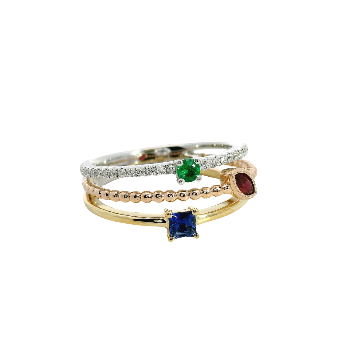 18kt Tri-Color Natural Diamond, Princess Sapphire, Marquise Ruby, and Round Emerald Fashion Ring (.51ct)