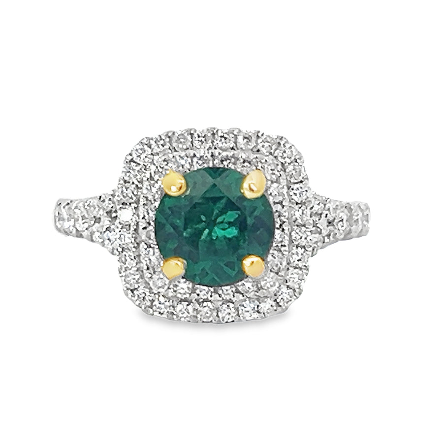 18kt White Gold Round Simulant Emerald and Round Natural Diamonds Ring (1.78ct)