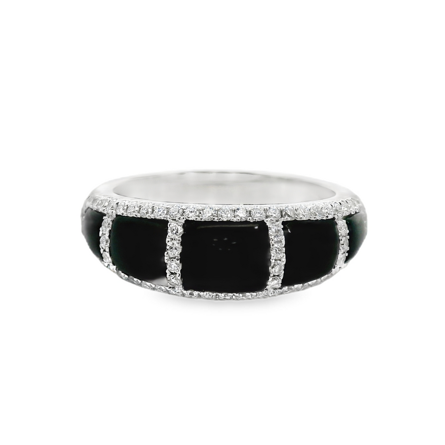 18kt White Gold Natural Black Agate (1.97ct) and Natural Round Diamonds (.35ct) Fashion Ring