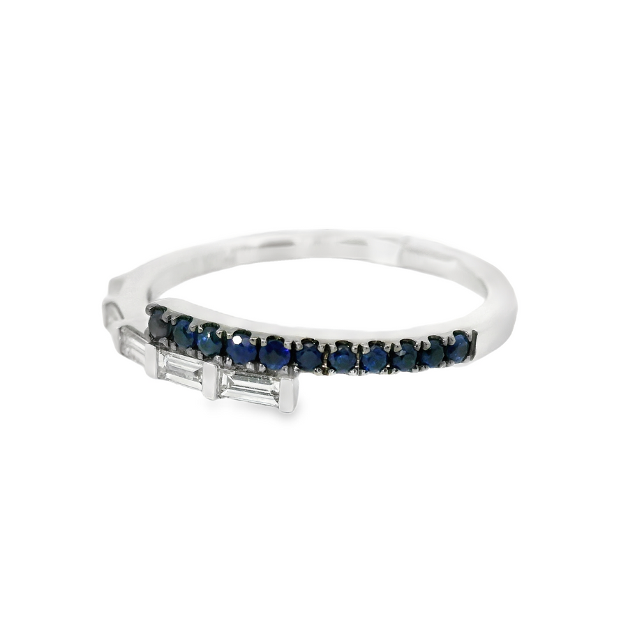 18kt White Gold Baguette Natural Diamonds and Round Natural Sapphires Ring (0.35ct)